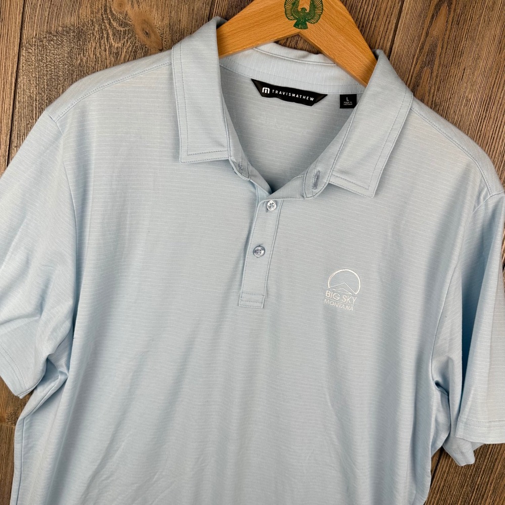 Travis Mathew Mens Polo Shirt Big Sky Montana Size Large Blue Stripe 1MW395NL